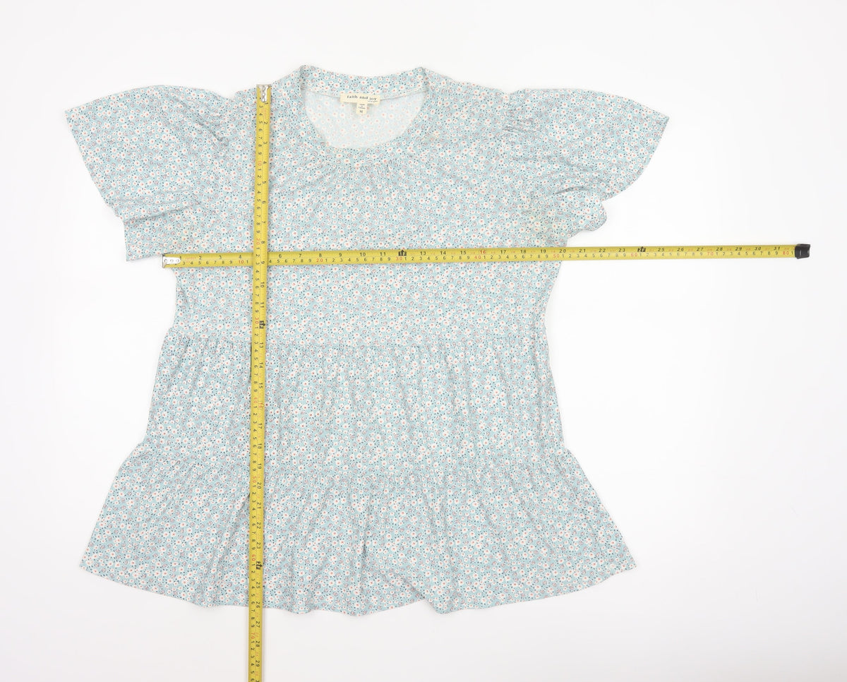 Faith and Joy Women Blue M Floral Peplum Short Sleeve Stretch Blouse