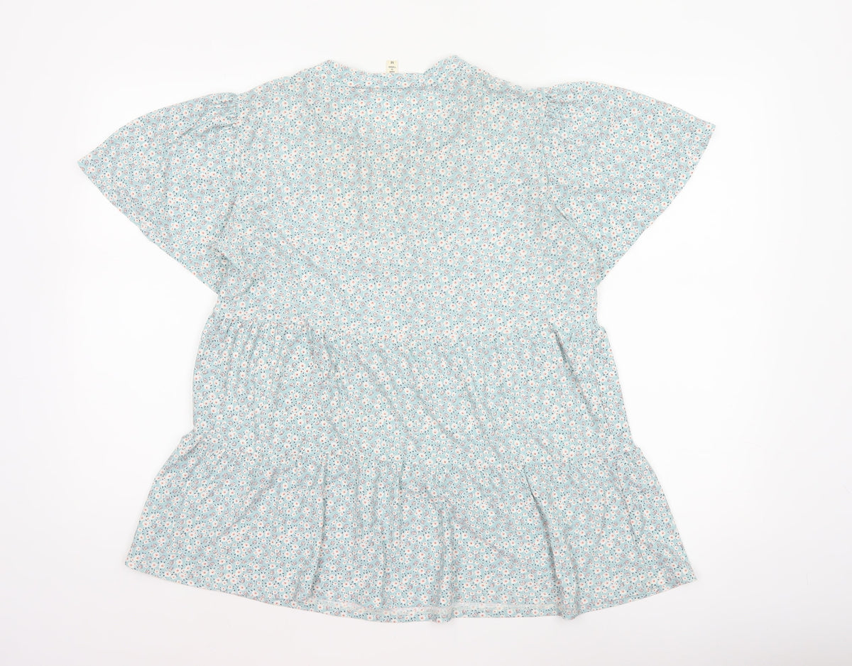 Faith and Joy Women Blue M Floral Peplum Short Sleeve Stretch Blouse