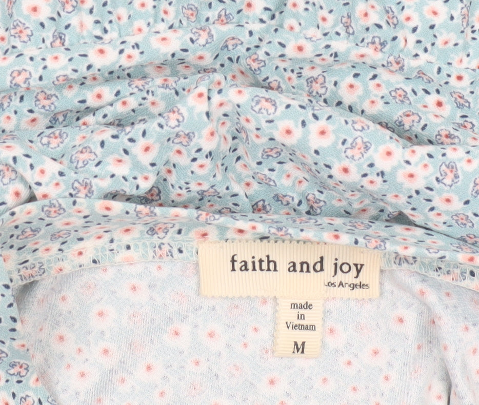 Faith and Joy Women Blue M Floral Peplum Short Sleeve Stretch Blouse