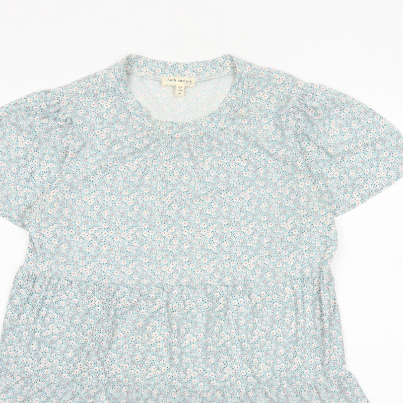 Faith and Joy Women Blue M Floral Peplum Short Sleeve Stretch Blouse