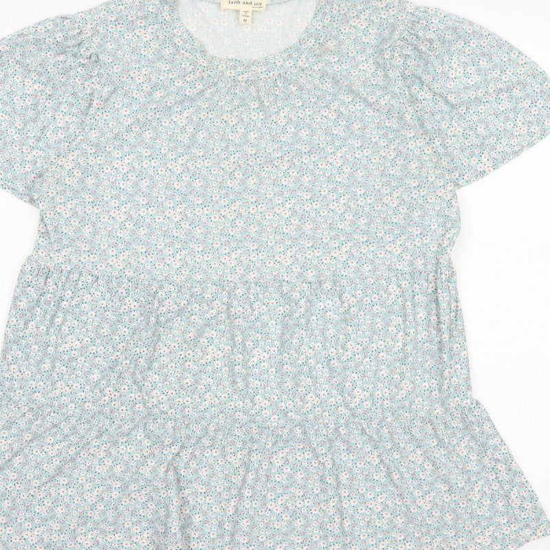 Faith and Joy Women Blue M Floral Peplum Short Sleeve Stretch Blouse