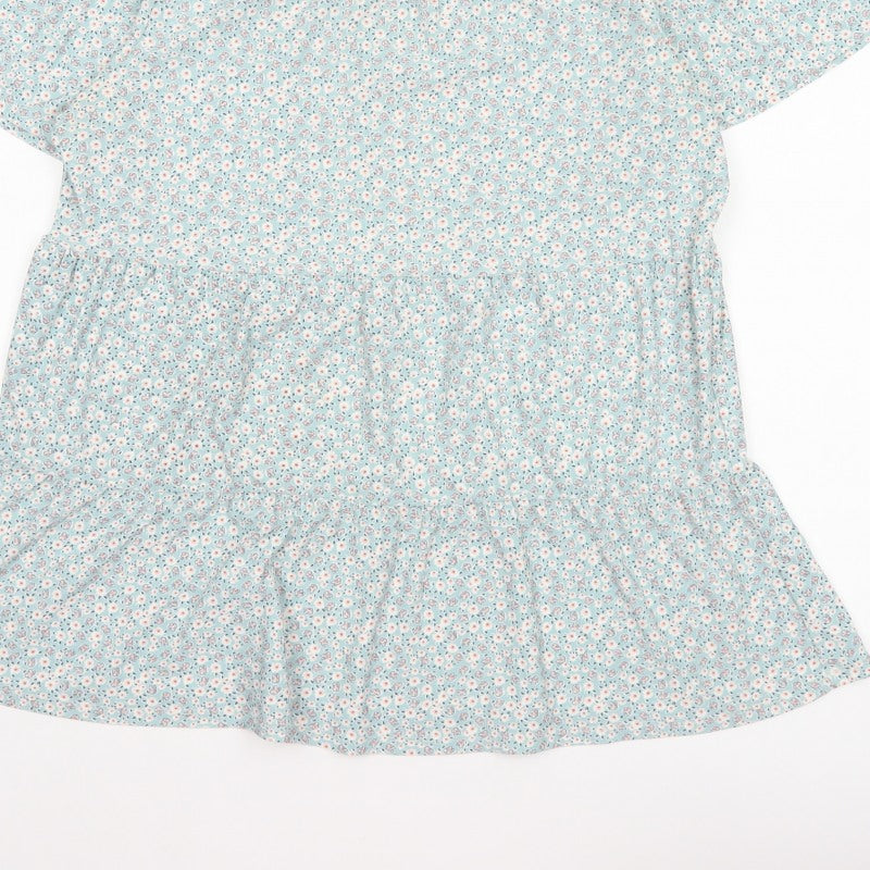 Faith and Joy Women Blue M Floral Peplum Short Sleeve Stretch Blouse