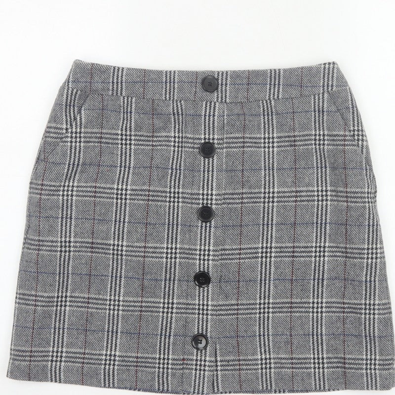 Marks and Spencer Women Grey UK 10 A-Line Plaid Button Mini Skirt