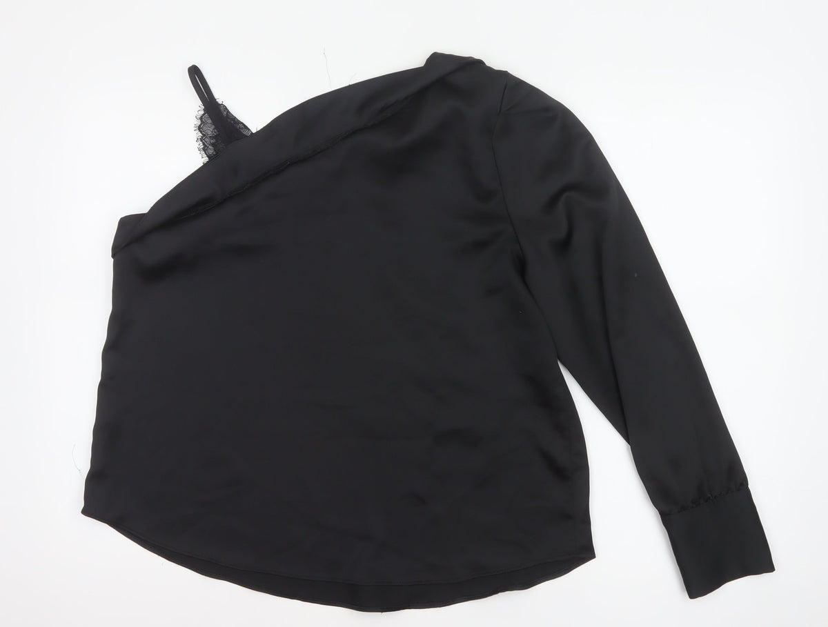 River Island Women Black Size 16 One Shoulder Lace Long Sleeve Blouse