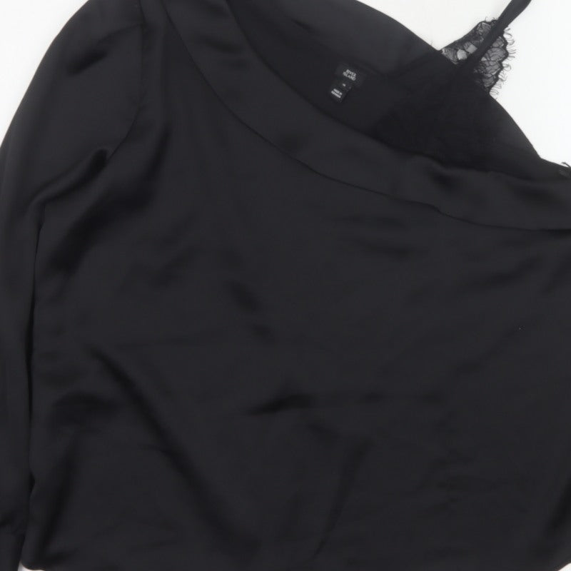 River Island Women Black Size 16 One Shoulder Lace Long Sleeve Blouse