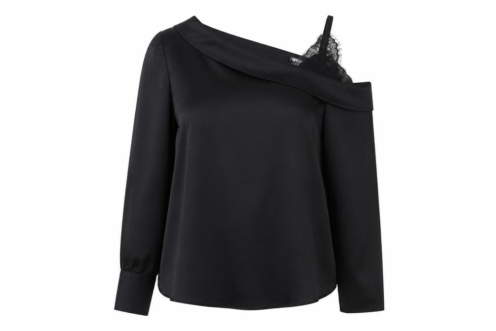 River Island Women Black Size 16 One Shoulder Lace Long Sleeve Blouse