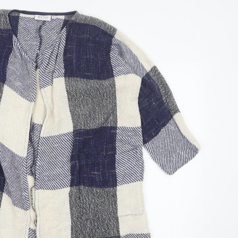 Masai Women Blue M Open Knit Check Long Jacket Cotton Viscose