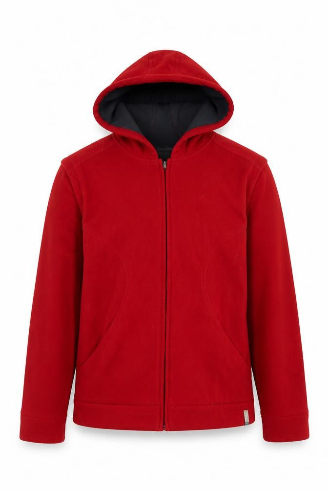 Front view of Domyos boys’ red 14 years hooded full zip fleece jacket sports