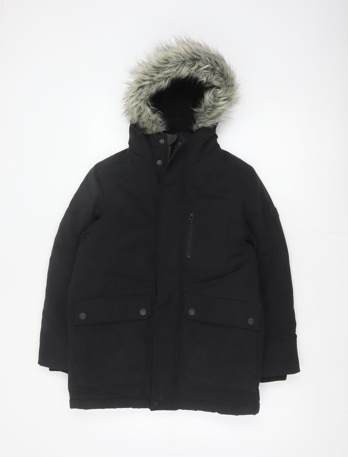 Next Boys Black 10 Years Parka Coat Hooded Faux Fur Trim Padded