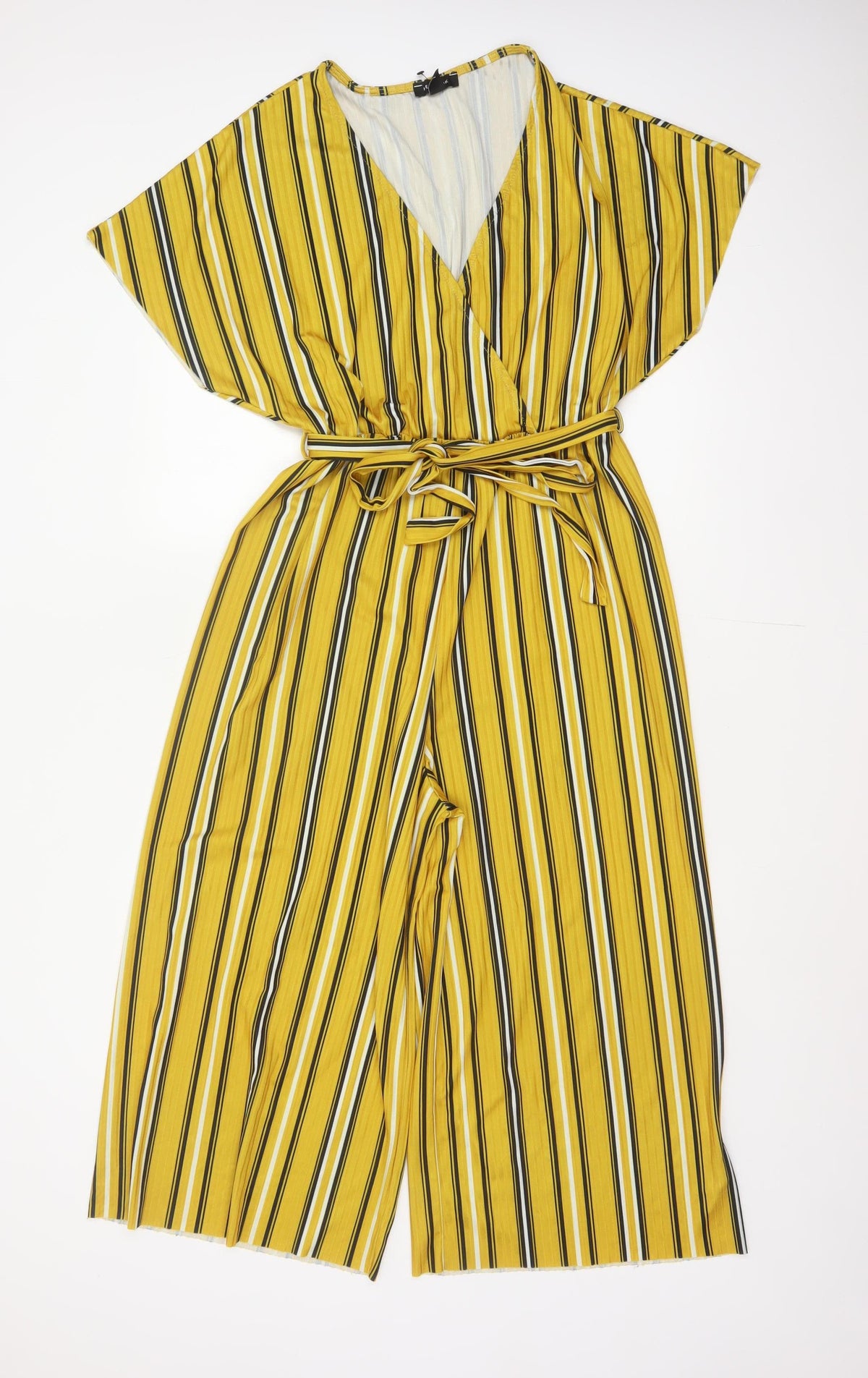 New Look Women Yellow Stripe Wide-Leg V-Neck Belted Jumpsuit UK 14