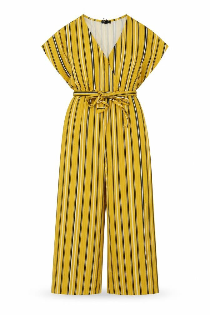 New Look Women Yellow Stripe Wide-Leg V-Neck Belted Jumpsuit UK 14
