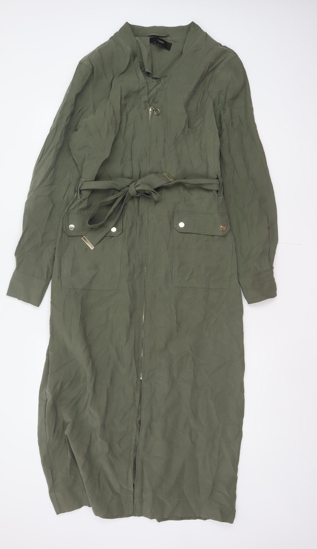 Next Women Green UK 14 Long Shirt Dress Belted Zip Pockets