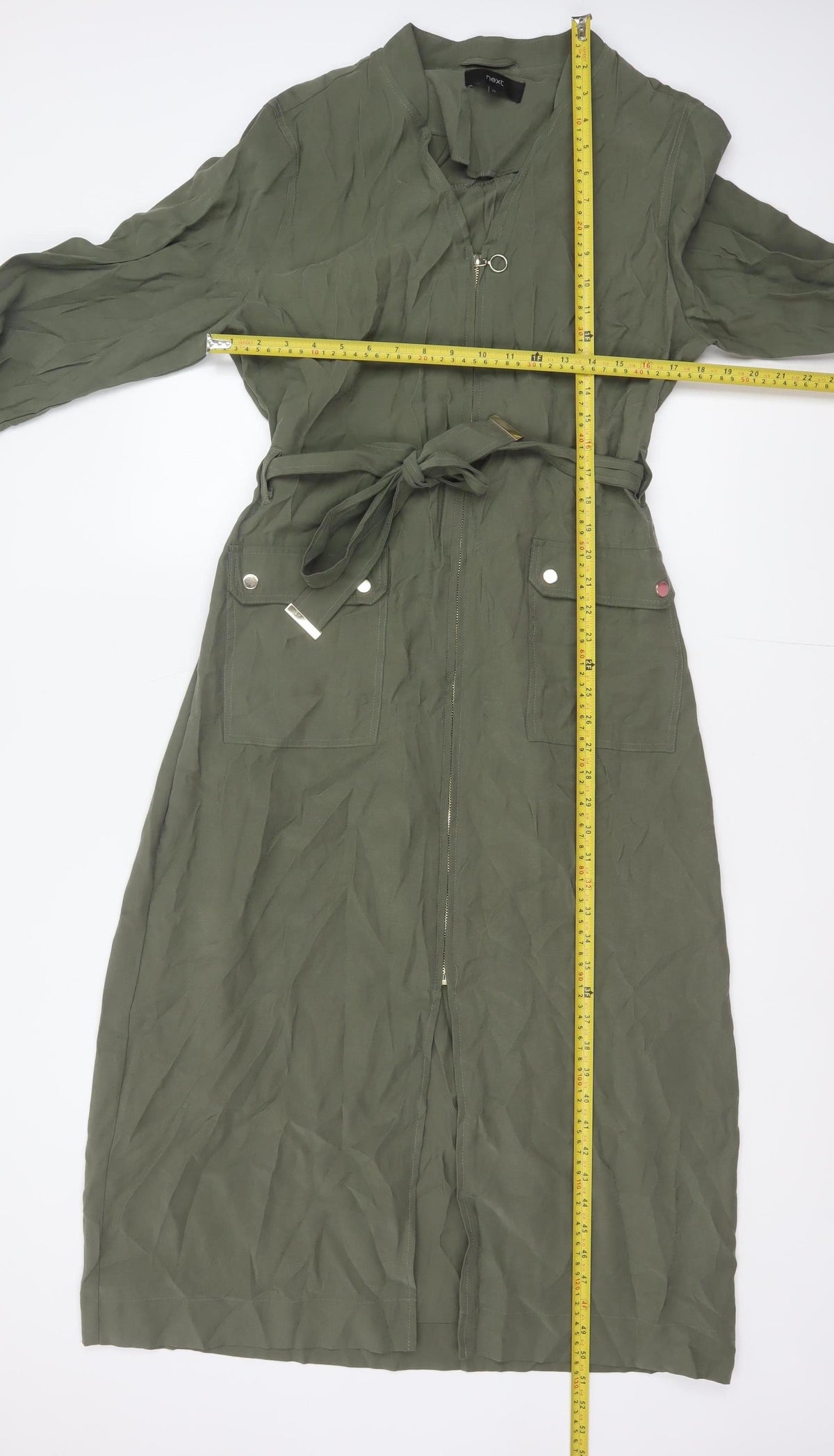 Next Women Green UK 14 Long Shirt Dress Belted Zip Pockets