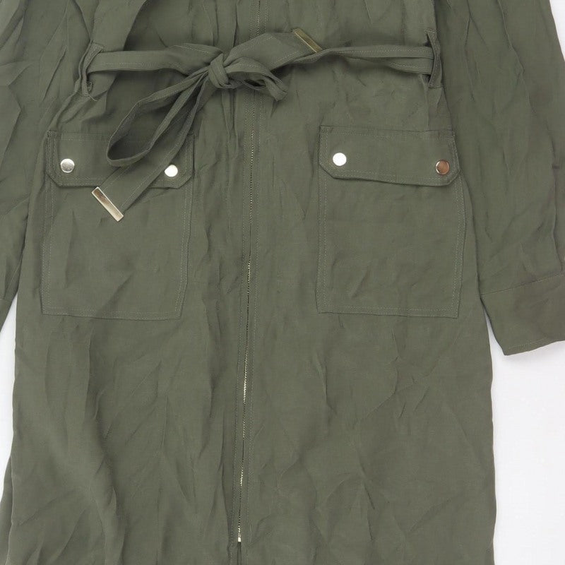 Next Women Green UK 14 Long Shirt Dress Belted Zip Pockets