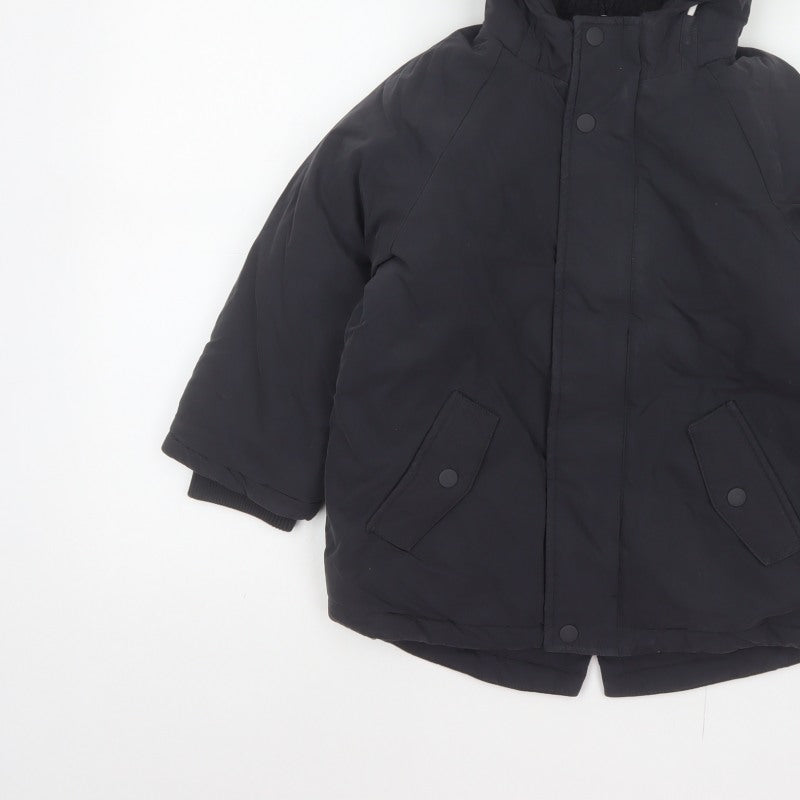 M&S Boys Black 5-6 Years Hooded Padded Parka Coat Reflective