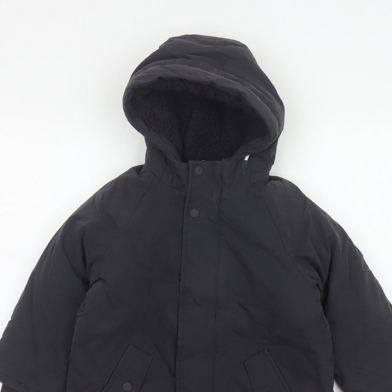 M&S Boys Black 5-6 Years Hooded Padded Parka Coat Reflective