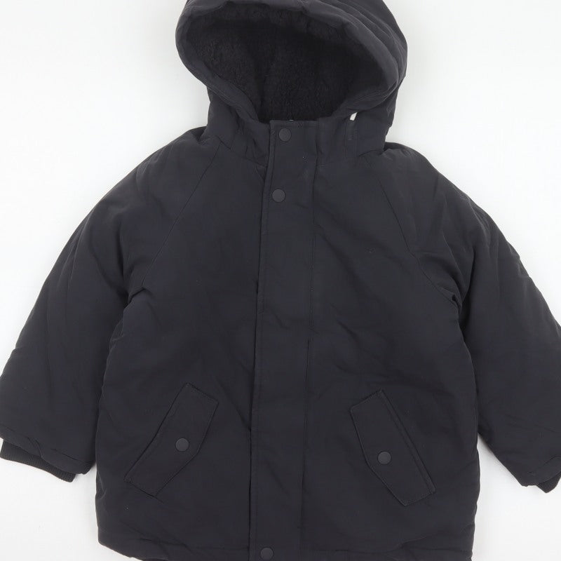 M&S Boys Black 5-6 Years Hooded Padded Parka Coat Reflective