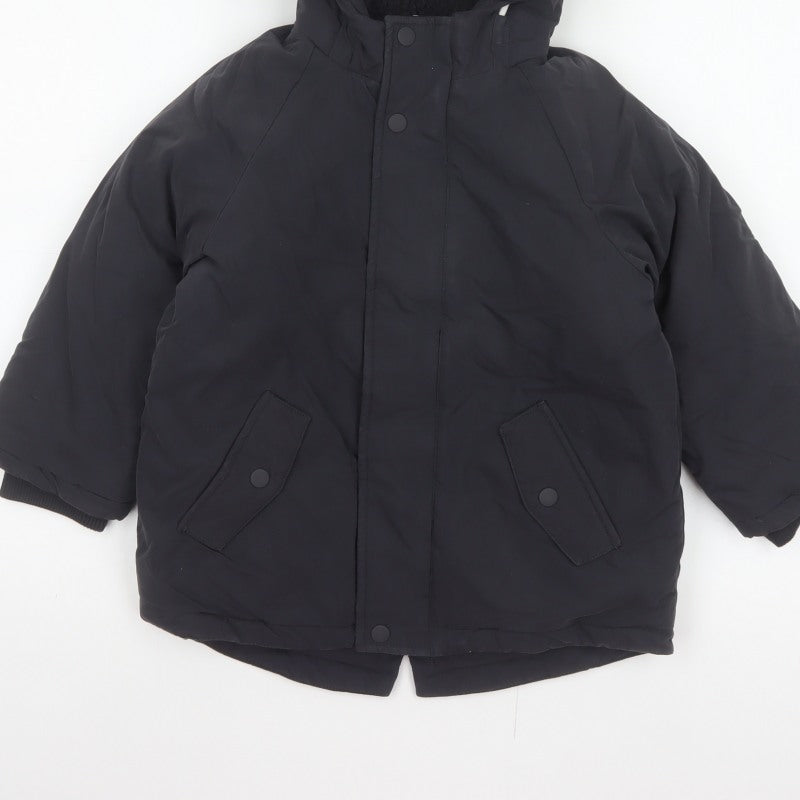 M&S Boys Black 5-6 Years Hooded Padded Parka Coat Reflective