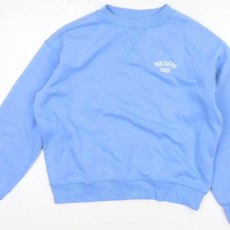 H&M Women Blue XS Pullover Sweatshirt Mon Chérie Paris Crew Neck