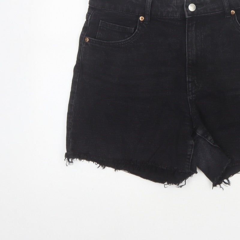 H&M Women Black UK 16 Cut-Off Denim High Rise 5-Pocket Shorts
