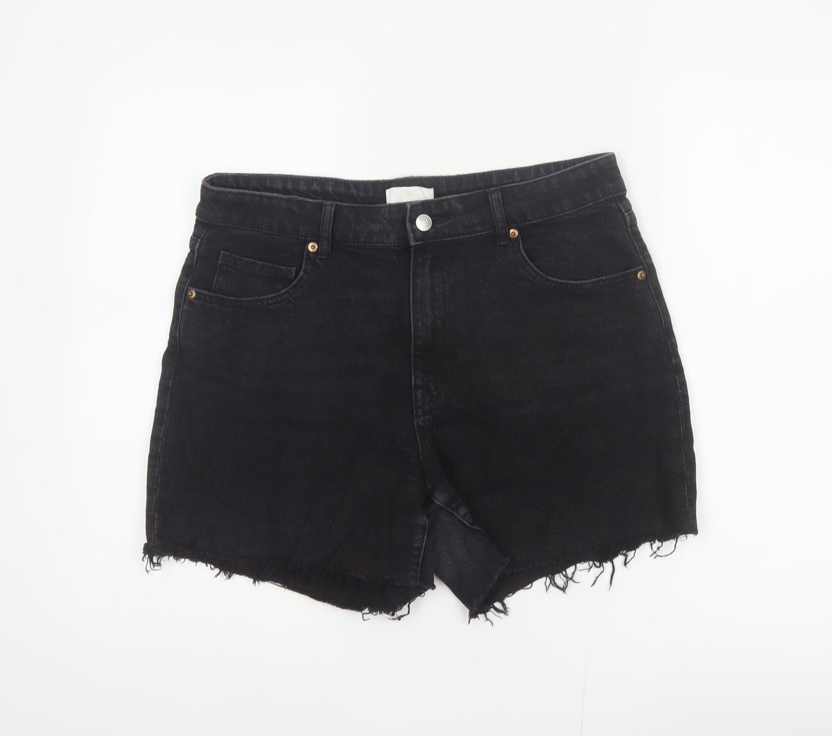 H&M Women Black UK 16 Cut-Off Denim High Rise 5-Pocket Shorts