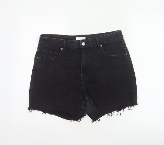 H&M Women Black UK 16 Cut-Off Denim High Rise 5-Pocket Shorts