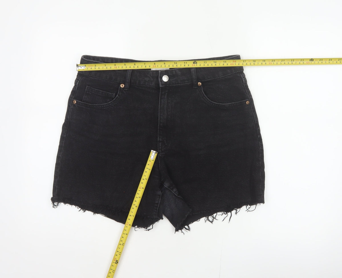 H&M Women Black UK 16 Cut-Off Denim High Rise 5-Pocket Shorts