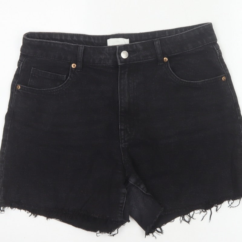 H&M Women Black UK 16 Cut-Off Denim High Rise 5-Pocket Shorts