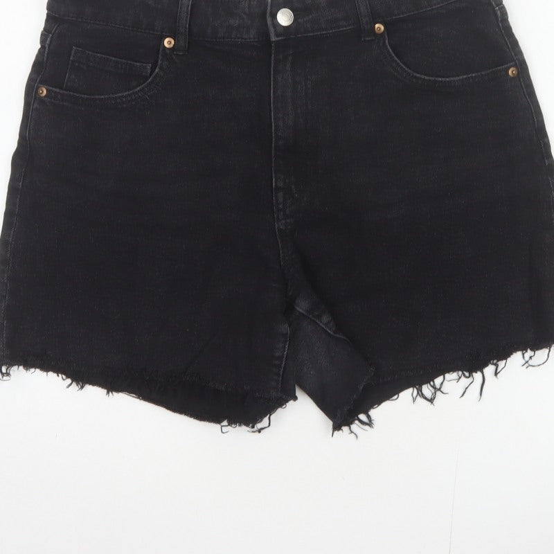 H&M Women Black UK 16 Cut-Off Denim High Rise 5-Pocket Shorts