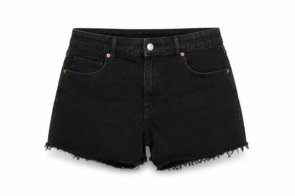 H&M Women Black UK 16 Cut-Off Denim High Rise 5-Pocket Shorts
