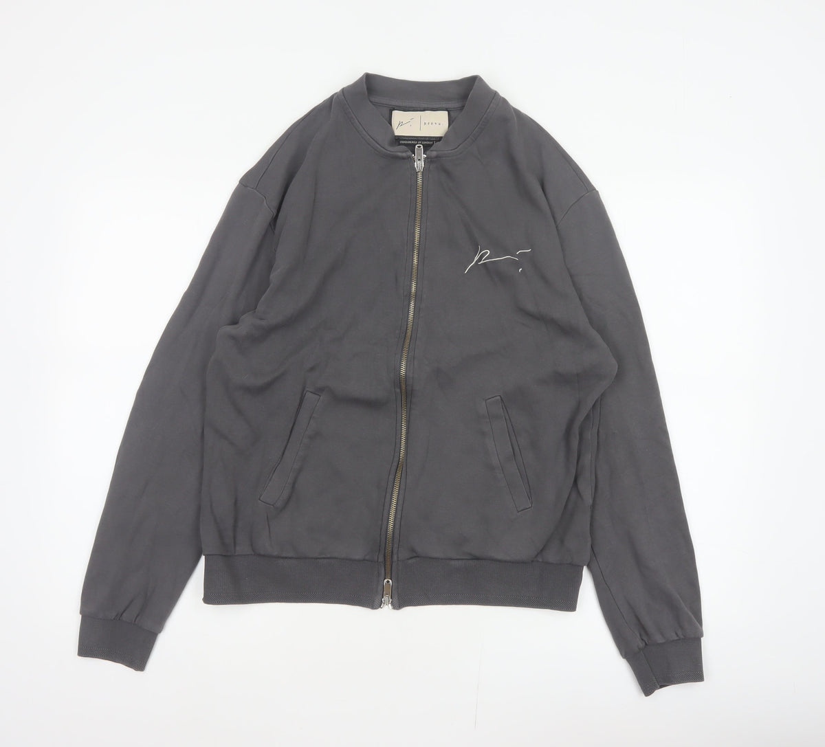 Prevu Men’s Grey Cotton Bomber Jacket L Full Zip Logo