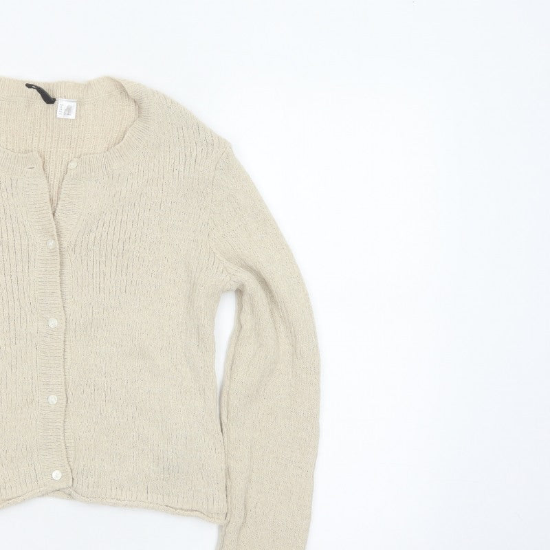 H&M Women Beige L Button Front Open-Knit Long Sleeve Cardigan