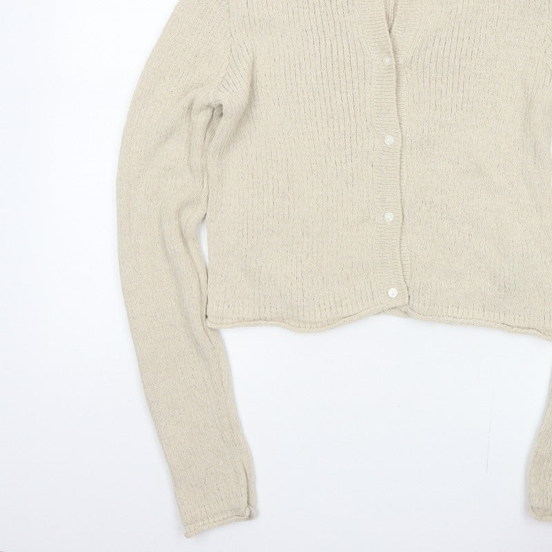 H&M Women Beige L Button Front Open-Knit Long Sleeve Cardigan