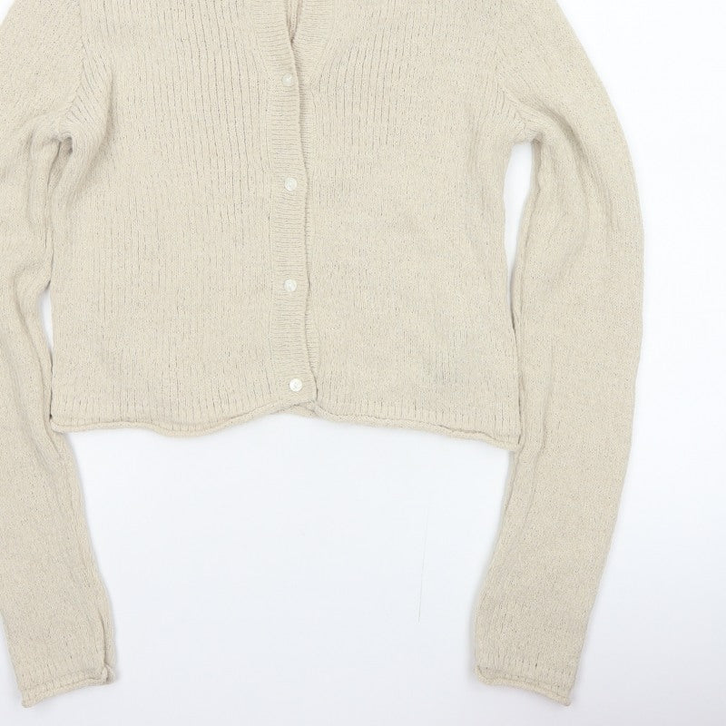 H&M Women Beige L Button Front Open-Knit Long Sleeve Cardigan