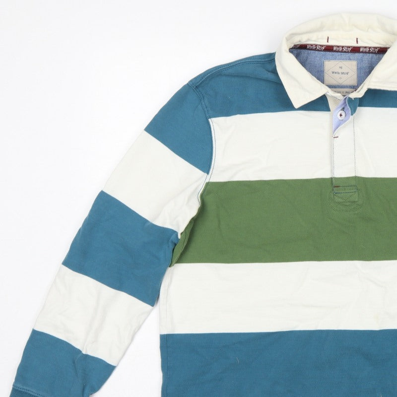White Stuff Men’s Small Blue Green Striped Cotton Rugby Polo Shirt