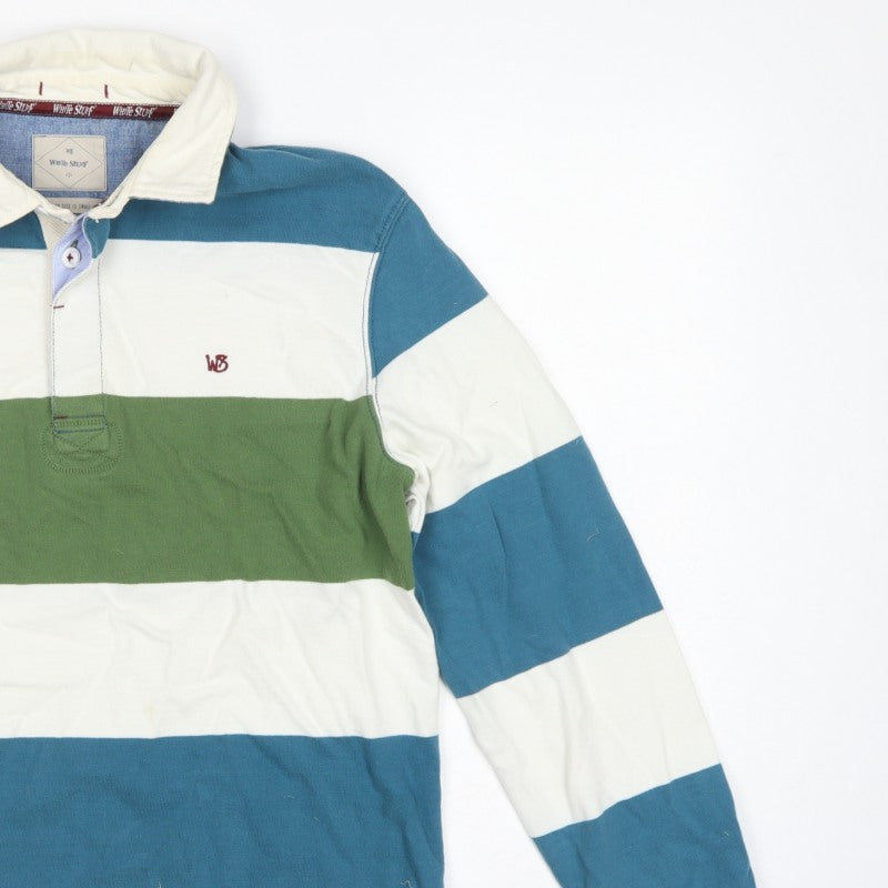 White Stuff Men’s Small Blue Green Striped Cotton Rugby Polo Shirt