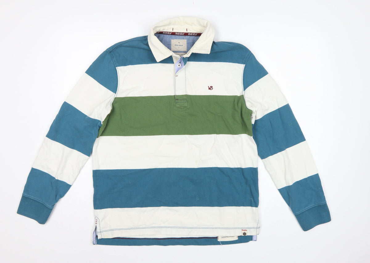 White Stuff Men’s Small Blue Green Striped Cotton Rugby Polo Shirt