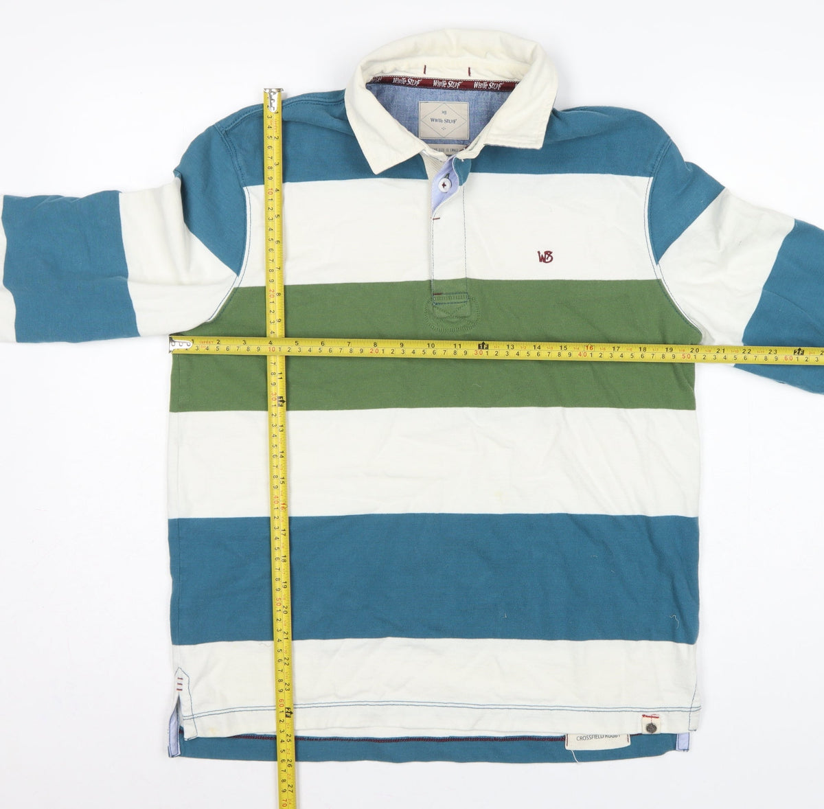 White Stuff Men’s Small Blue Green Striped Cotton Rugby Polo Shirt