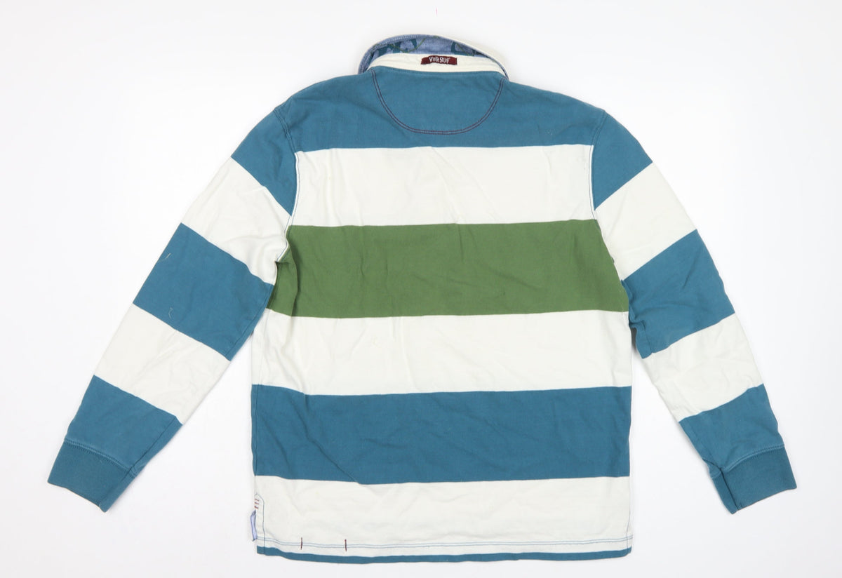 White Stuff Men’s Small Blue Green Striped Cotton Rugby Polo Shirt
