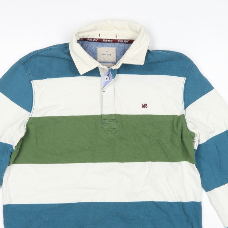 White Stuff Men’s Small Blue Green Striped Cotton Rugby Polo Shirt
