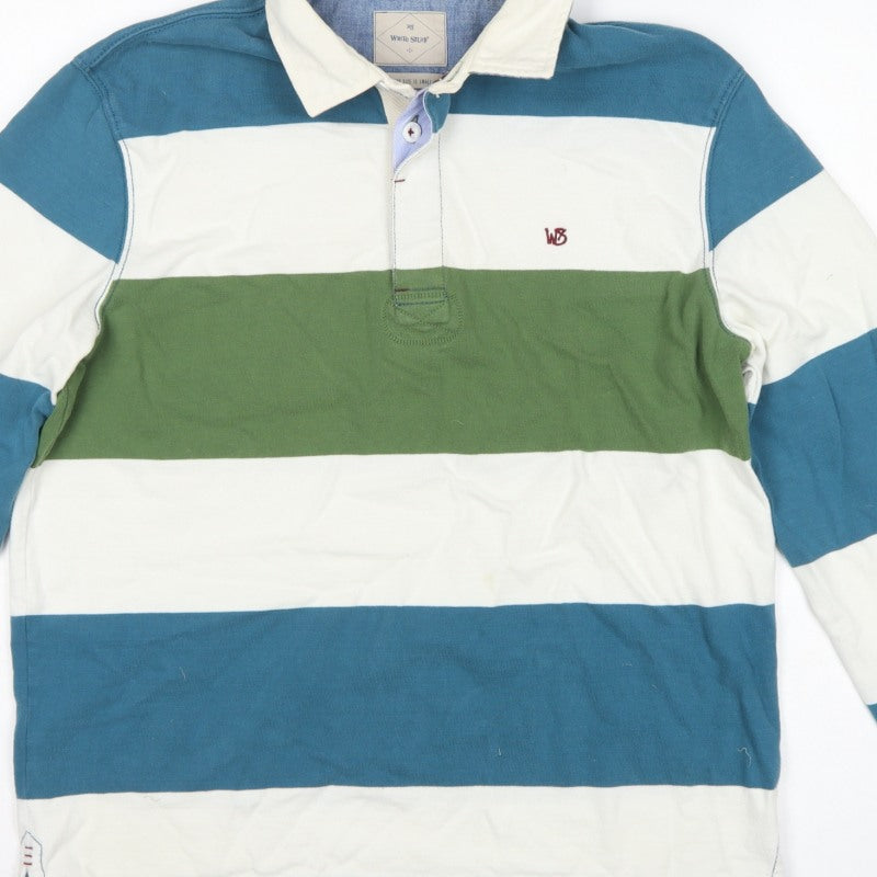 White Stuff Men’s Small Blue Green Striped Cotton Rugby Polo Shirt