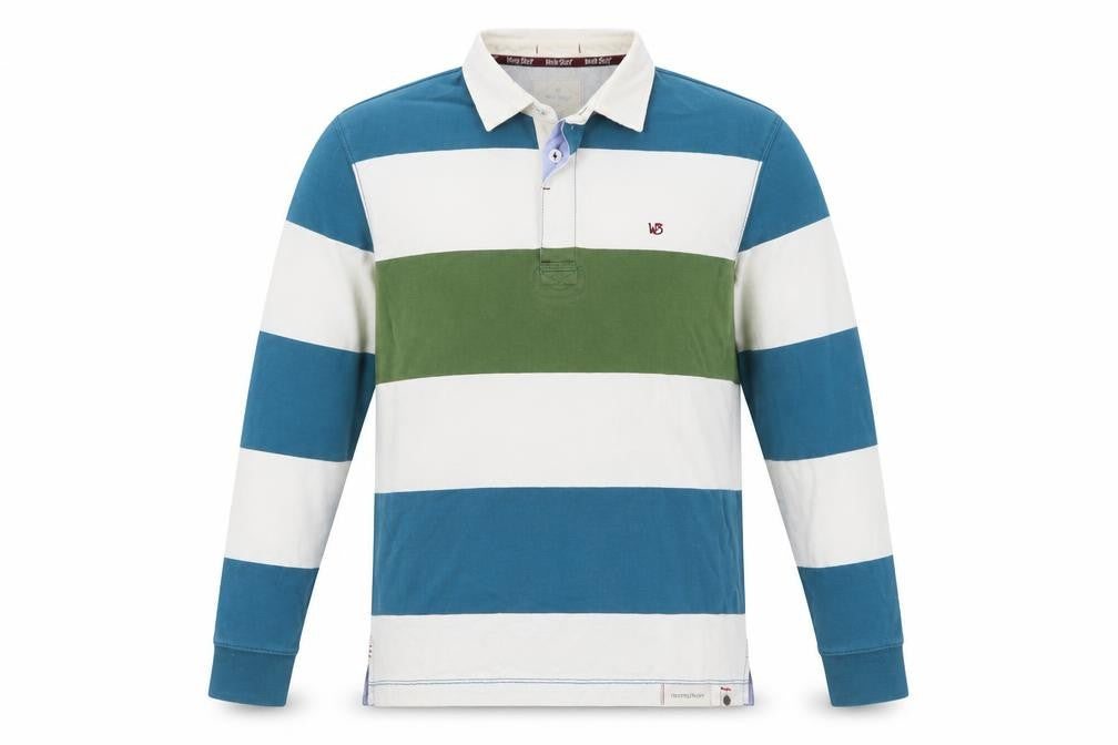 White Stuff Men’s Small Blue Green Striped Cotton Rugby Polo Shirt