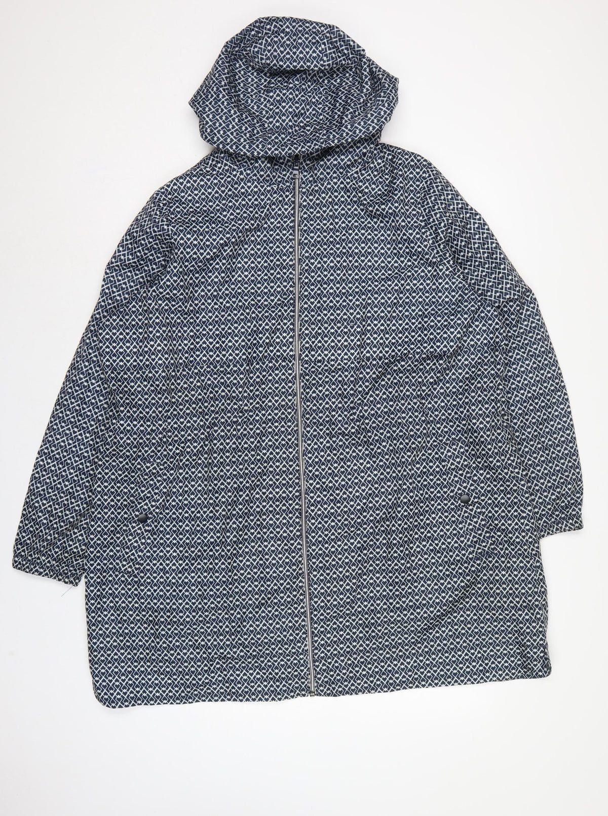 M&S Women’s Blue Geometric Hooded Rain Jacket XL Full Zip