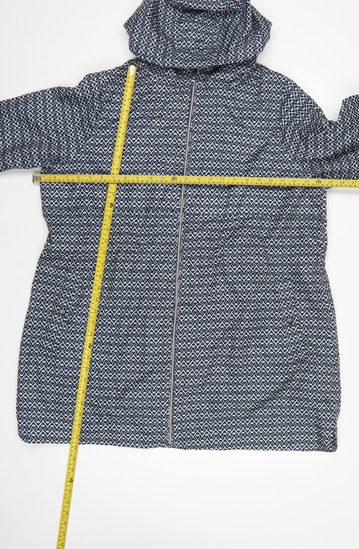 M&S Women’s Blue Geometric Hooded Rain Jacket XL Full Zip