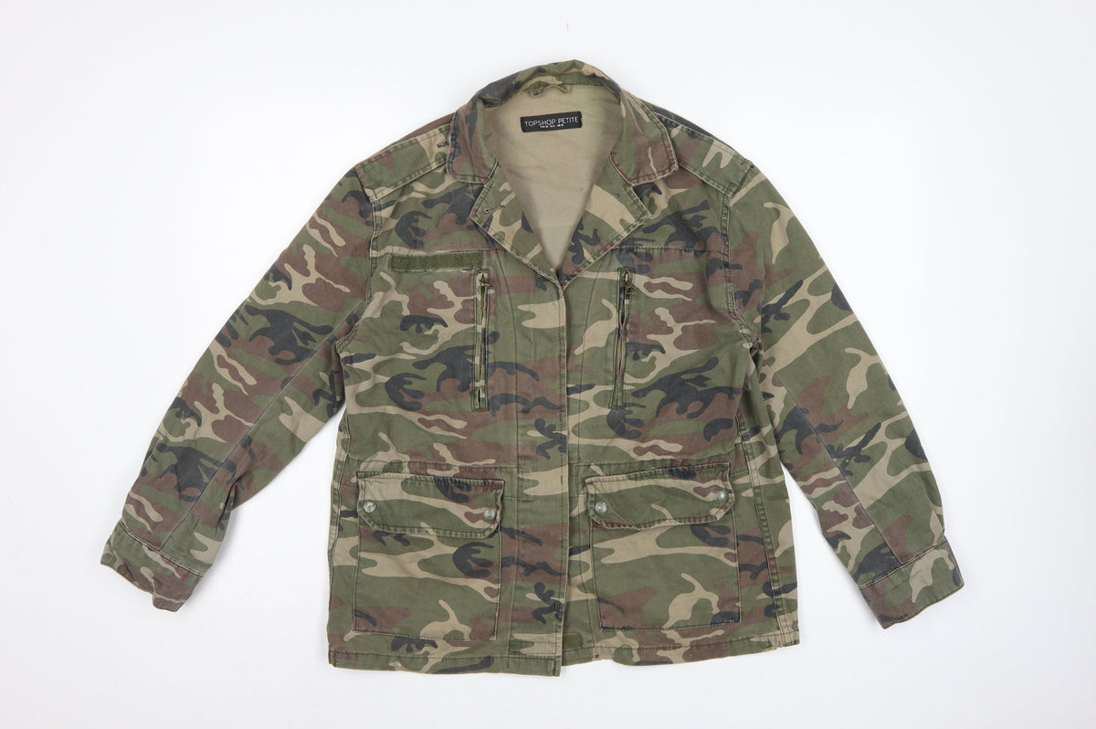 Topshop Petite Women’s Green Camo Military Jacket UK 10 Cotton