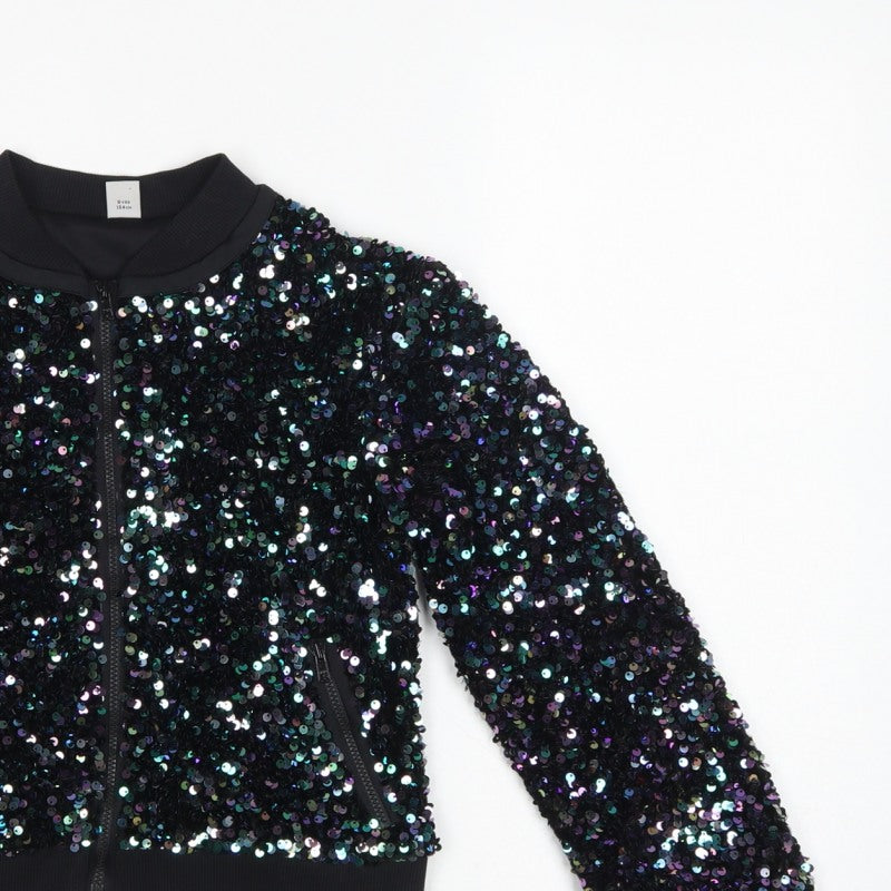 Tu Girls Black Sequin Bomber Jacket 9 Years Party Full Zip