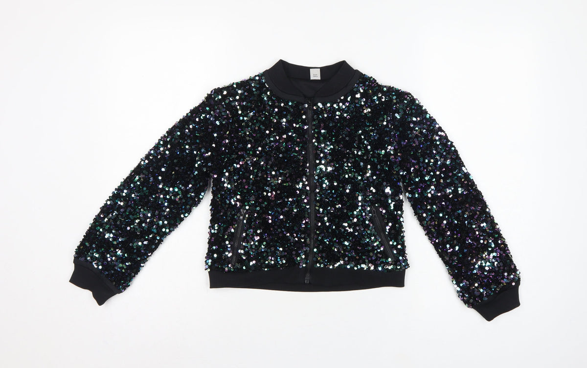 Tu Girls Black Sequin Bomber Jacket 9 Years Party Full Zip