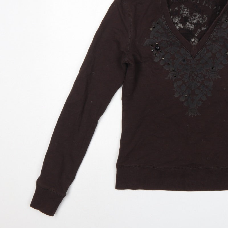 Flammina Women's Brown M Pullover Hoodie V-Neck Studded Graphic
