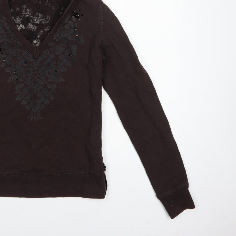 Flammina Women's Brown M Pullover Hoodie V-Neck Studded Graphic