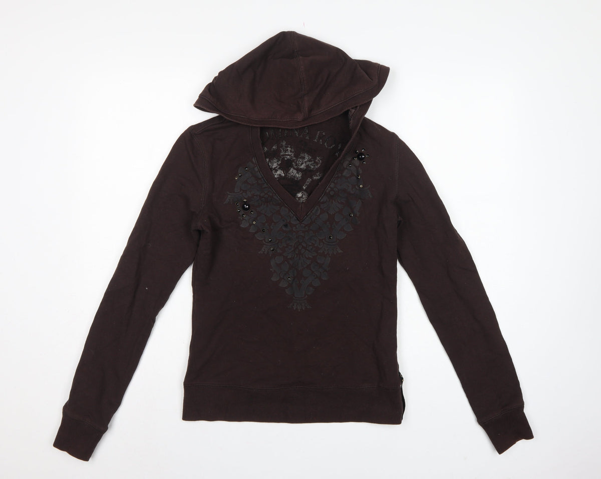 Flammina Women's Brown M Pullover Hoodie V-Neck Studded Graphic